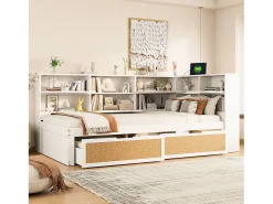Sofá-cama de madeira maciça 90×200 cm - com 2 gavetas - múltiplos espaços de armazenamento - com porta de carregamento - branco (sem colchão)