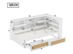 Sofá-cama de madeira maciça 90×200 cm - com 2 gavetas - múltiplos espaços de armazenamento - com porta de carregamento - branco (sem colchão)