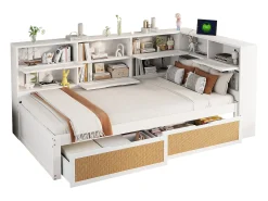 Sofá-cama de madeira maciça 90×200 cm - com 2 gavetas - múltiplos espaços de armazenamento - com porta de carregamento - branco (sem colchão)