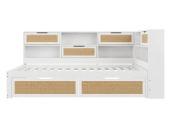 Sofá-cama de madeira maciça 90×200 cm - com 2 gavetas - múltiplos espaços de armazenamento - com porta de carregamento - branco (sem colchão)