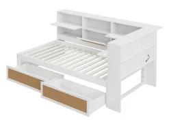 Sofá-cama de madeira maciça 90×200 cm - com 2 gavetas - múltiplos espaços de armazenamento - com porta de carregamento - branco (sem colchão)