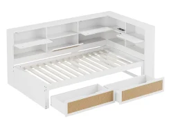 Sofá-cama de madeira maciça 90×200 cm - com 2 gavetas - múltiplos espaços de armazenamento - com porta de carregamento - branco (sem colchão)
