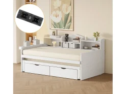 Sofá-cama de madeira 90x200cm - com cama de gavetão 90x190cm e 2 gavetas - com tomada USB - Branco