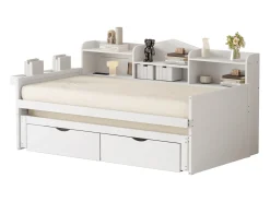Sofá-cama de madeira 90x200cm - com cama de gavetão 90x190cm e 2 gavetas - com tomada USB - Branco