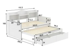 Sofá-cama de madeira 90x200cm - com cama de gavetão 90x190cm e 2 gavetas - com tomada USB - Branco
