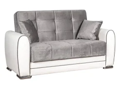 Sofá-cama Dlobuon, Sofá-cama container de canto em couro ecológico e tecido, Sofá da ala com abertura click-clack e penínula reverível, 163x84h91 cm, Branco e Cinza