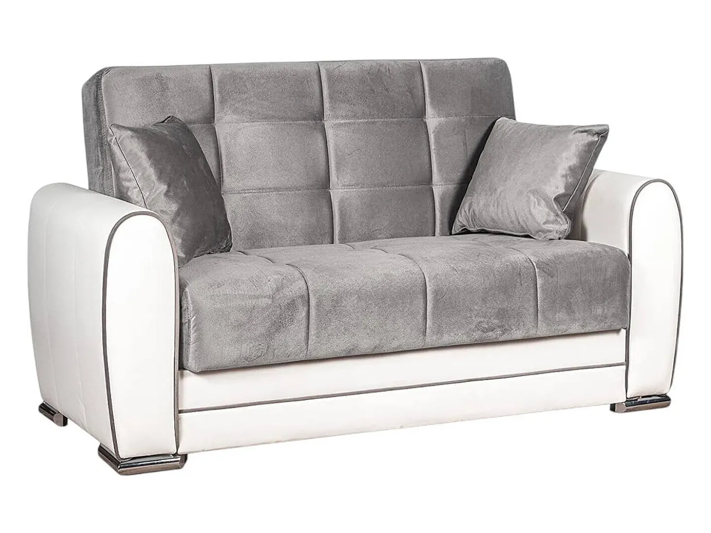 Sofá-cama Dlobuon, Sofá-cama container de canto em couro ecológico e tecido, Sofá da ala com abertura click-clack e penínula reverível, 163x84h91 cm, Branco e Cinza