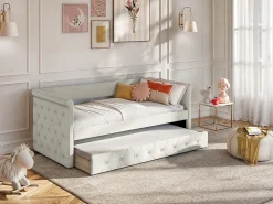 Sofá-cama dobrável de 2 x 90 x 190 cm em tecido estofado bege com colchão - LOUISE