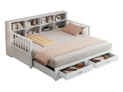 Sofá-cama dobrável em madeira maciça 90/180x190 cm - com tomada de carga - com arrumação - com 2 gavetas - estrado de ripas - branco (colchão não incluído)