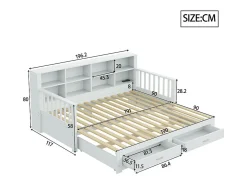 Sofá-cama dobrável em madeira maciça 90/180x190 cm - com tomada de carga - com arrumação - com 2 gavetas - estrado de ripas - branco (colchão não incluído)
