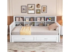 Sofá-cama dobrável em madeira maciça 90/180x190 cm - com tomada de carga - com arrumação - com 2 gavetas - estrado de ripas - branco (colchão não incluído)