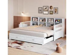 Sofá-cama dobrável em madeira maciça 90/180x190 cm - com tomada de carga - com arrumação - com 2 gavetas - estrado de ripas - branco (colchão não incluído)