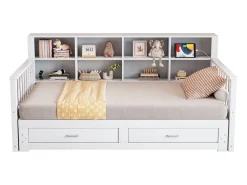 Sofá-cama dobrável em madeira maciça 90/180x190 cm - com tomada de carga - com arrumação - com 2 gavetas - estrado de ripas - branco (colchão não incluído)