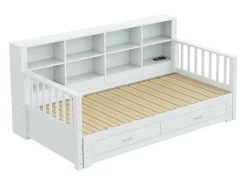 Sofá-cama dobrável em madeira maciça 90/180x190 cm - com tomada de carga - com arrumação - com 2 gavetas - estrado de ripas - branco (colchão não incluído)