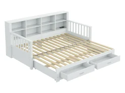 Sofá-cama dobrável em madeira maciça 90/180x190 cm - com tomada de carga - com arrumação - com 2 gavetas - estrado de ripas - branco (colchão não incluído)