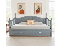 Sofá-cama dobrável em madeira maciça 90/180x200 cm com gavetas e colunas romanas - Cinza