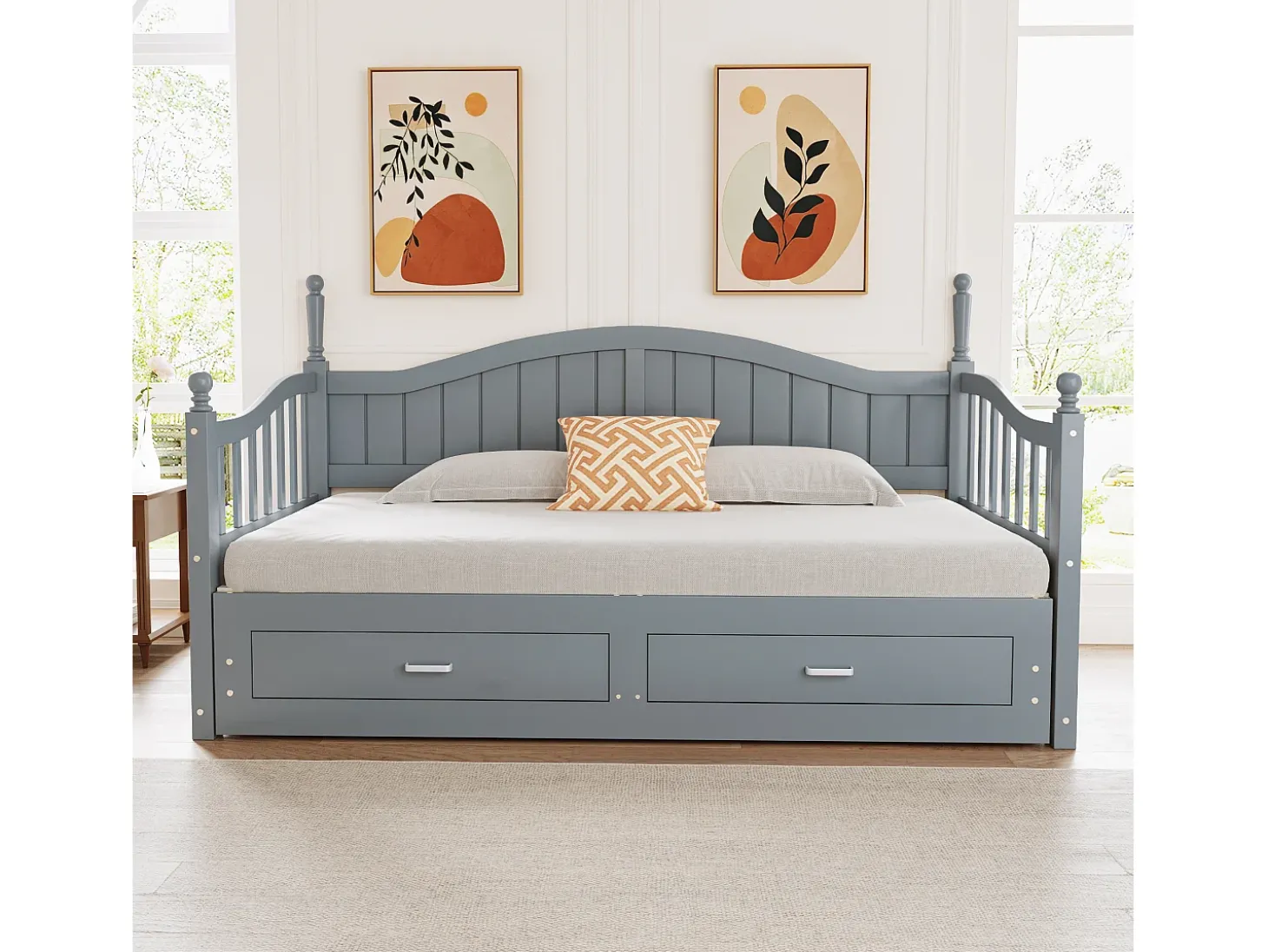 Sofá-cama dobrável em madeira maciça 90/180x200 cm com gavetas e colunas romanas - Cinza