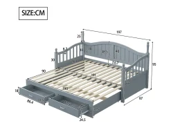 Sofá-cama dobrável em madeira maciça 90/180x200 cm com gavetas e colunas romanas - Cinza