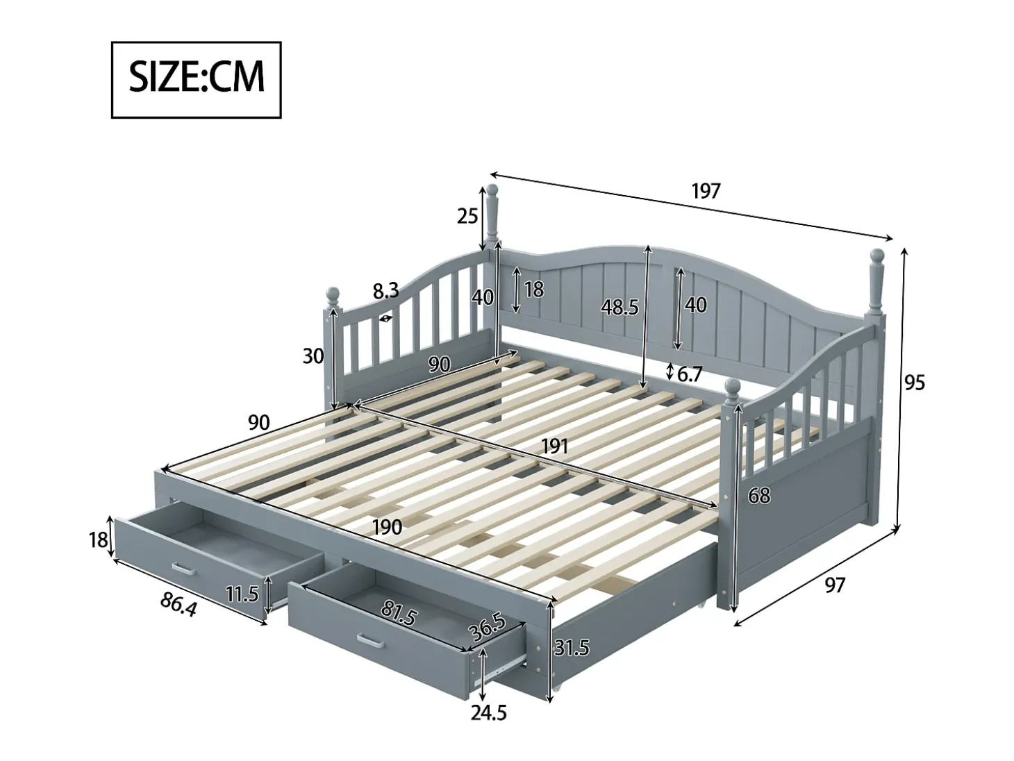 Sofá-cama dobrável em madeira maciça 90/180x200 cm com gavetas e colunas romanas - Cinza