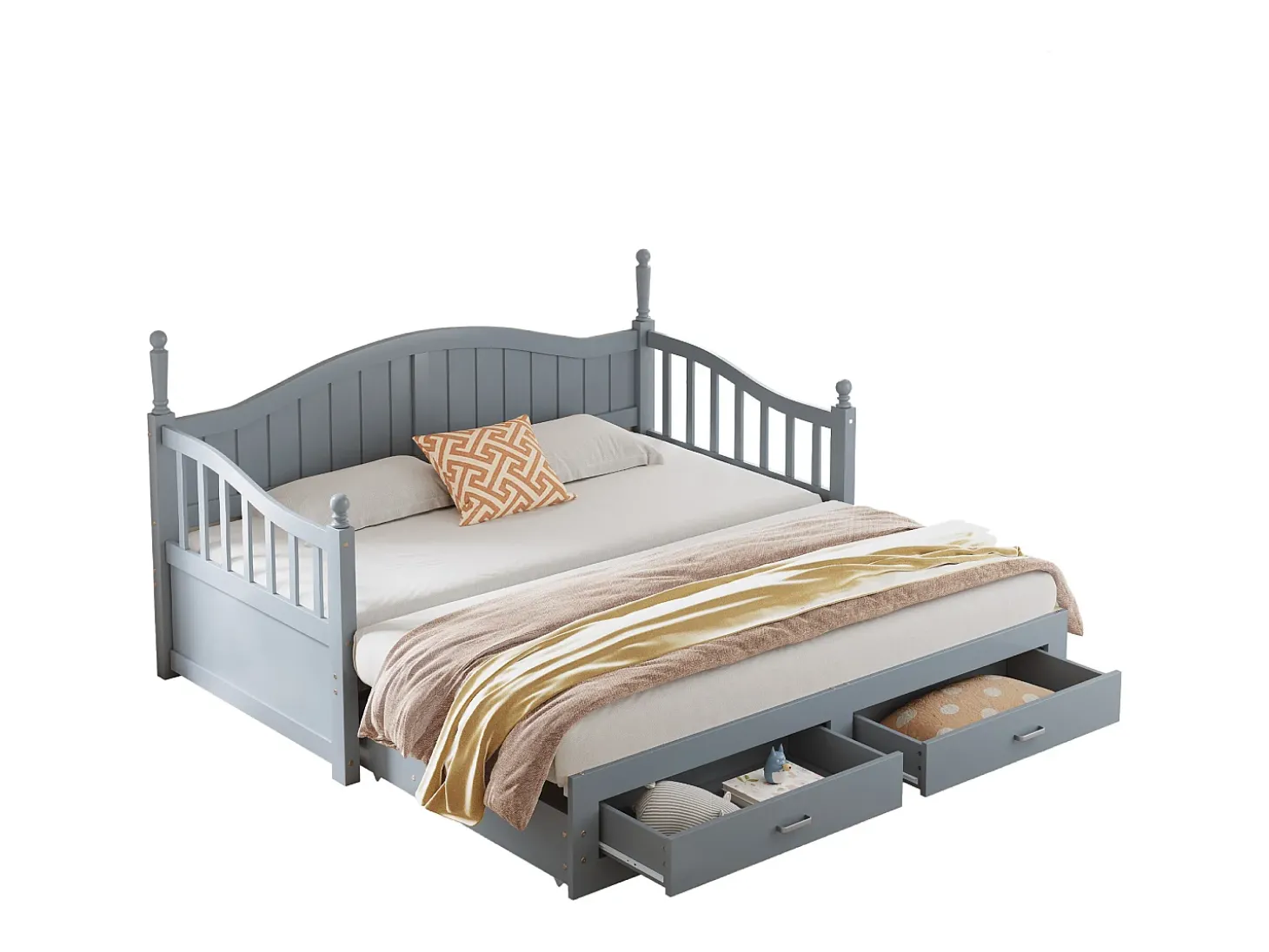 Sofá-cama dobrável em madeira maciça 90/180x200 cm com gavetas e colunas romanas - Cinza