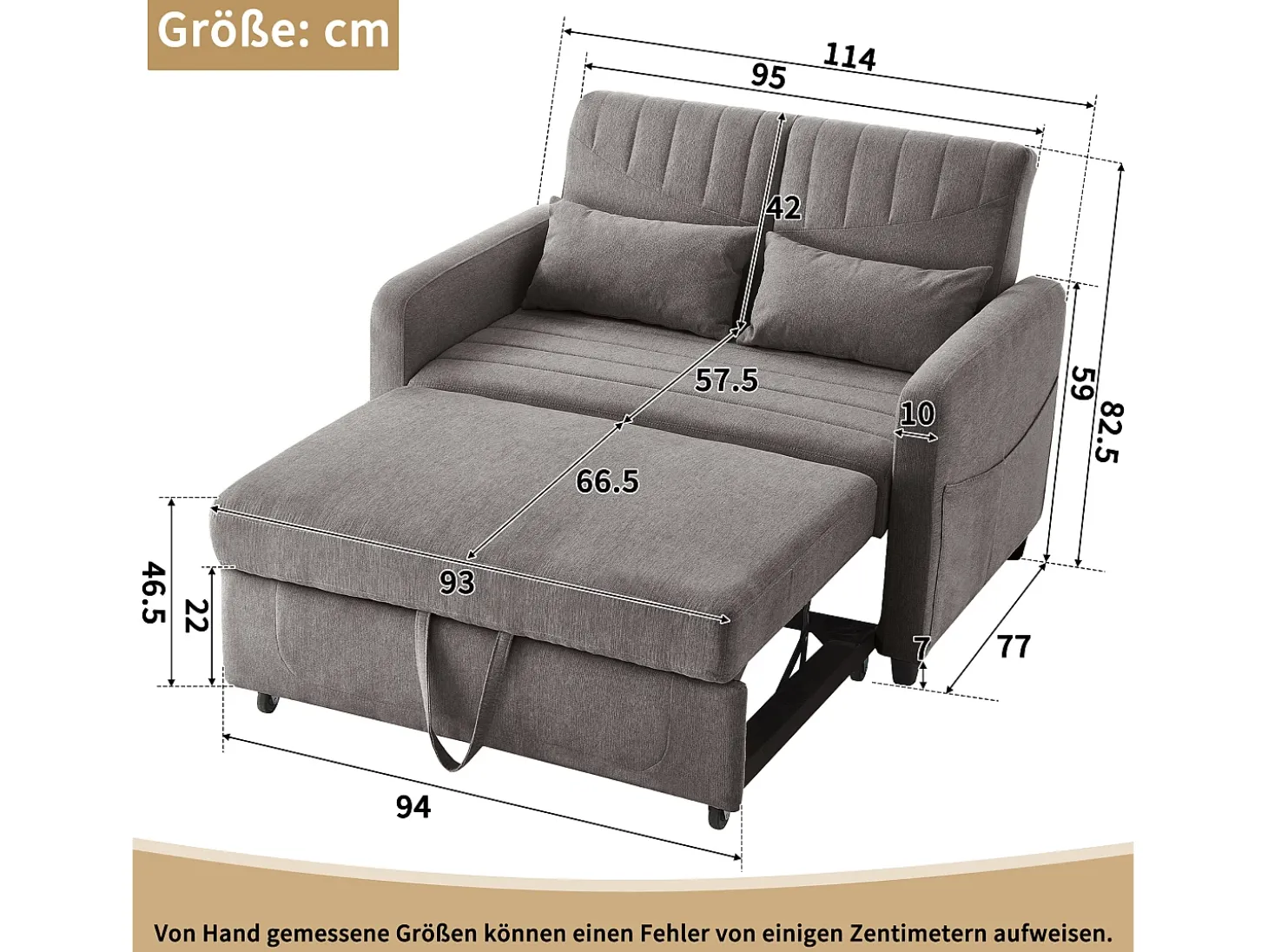 Sofá-cama dobrável extensível de 2 lugares - 95 x 120 cm - encosto ajustável - tecido de algodão e linho - cinza