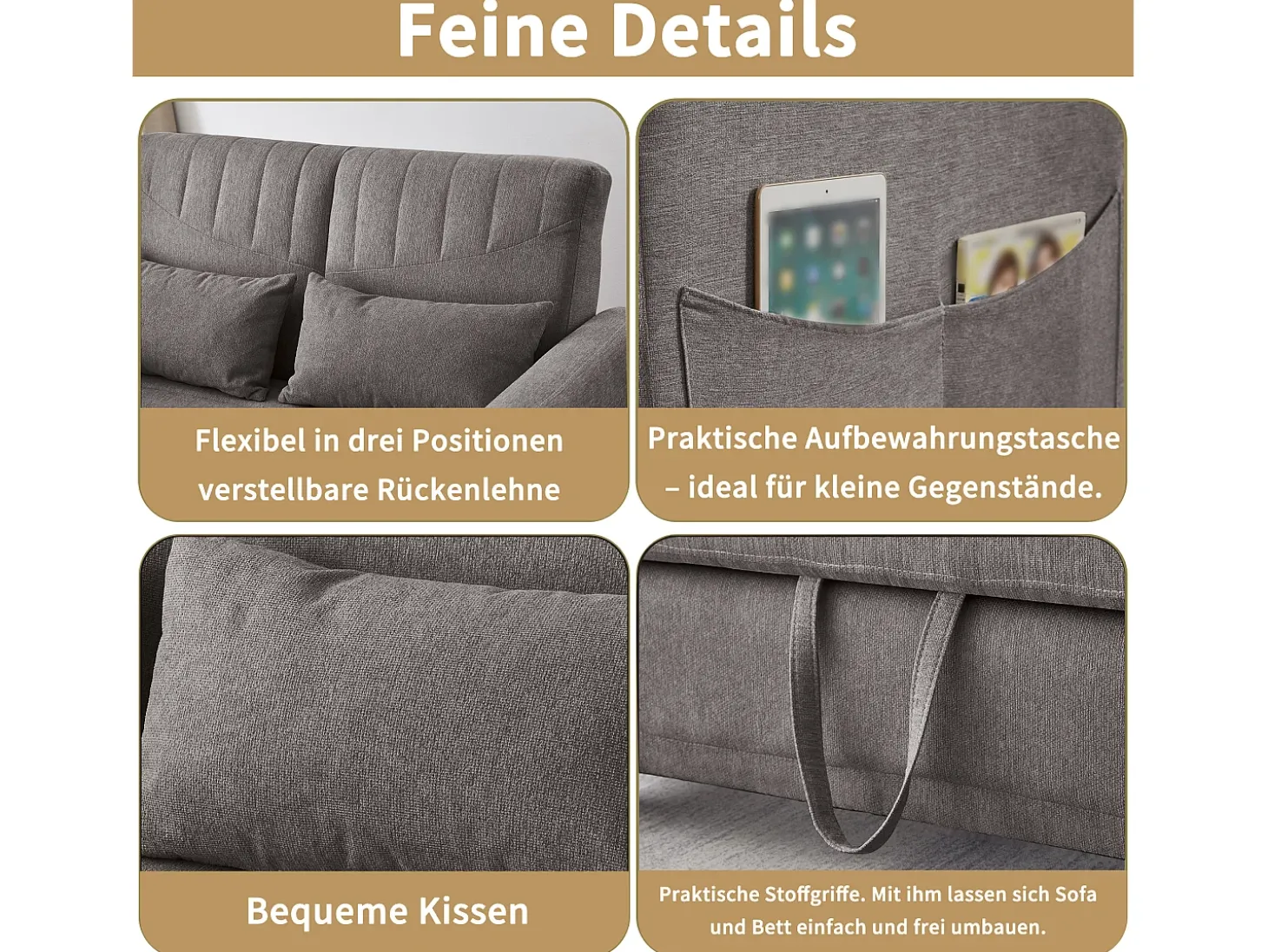 Sofá-cama dobrável extensível de 2 lugares - 95 x 120 cm - encosto ajustável - tecido de algodão e linho - cinza