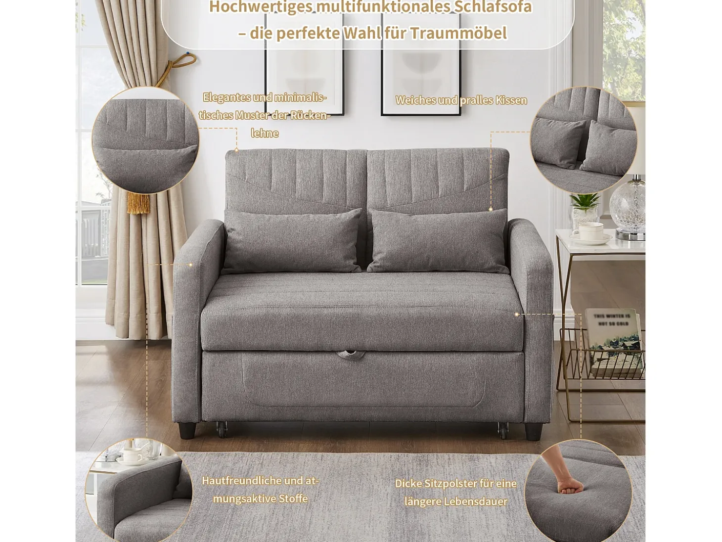 Sofá-cama dobrável extensível de 2 lugares - 95 x 120 cm - encosto ajustável - tecido de algodão e linho - cinza