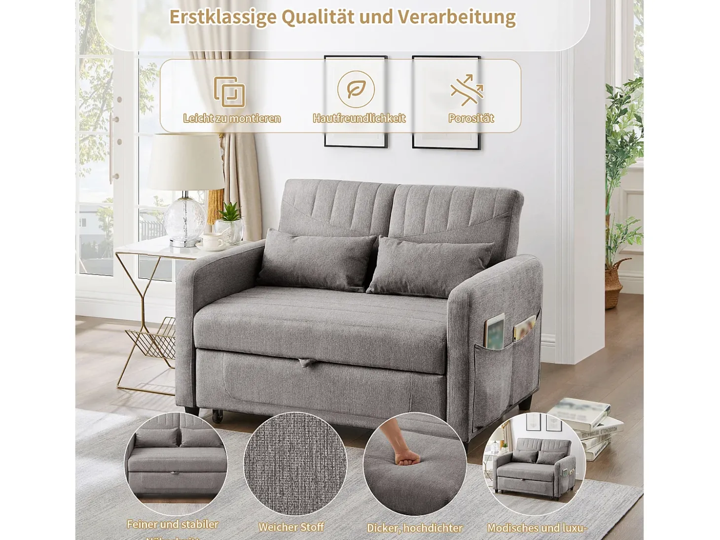 Sofá-cama dobrável extensível de 2 lugares - 95 x 120 cm - encosto ajustável - tecido de algodão e linho - cinza
