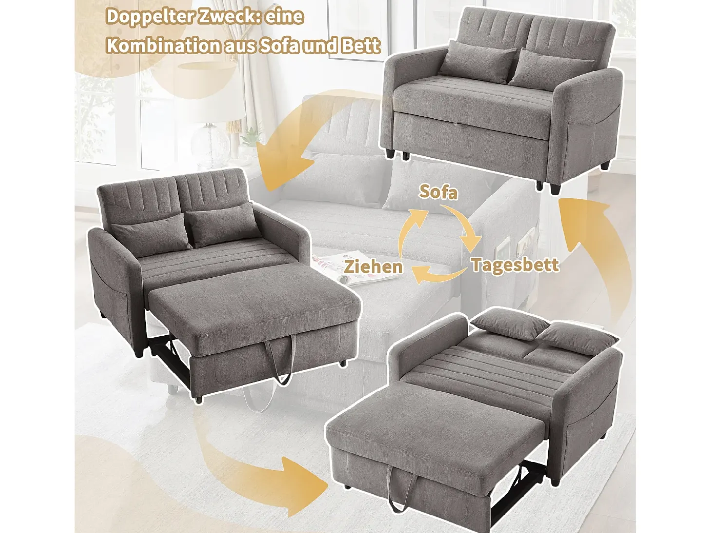 Sofá-cama dobrável extensível de 2 lugares - 95 x 120 cm - encosto ajustável - tecido de algodão e linho - cinza