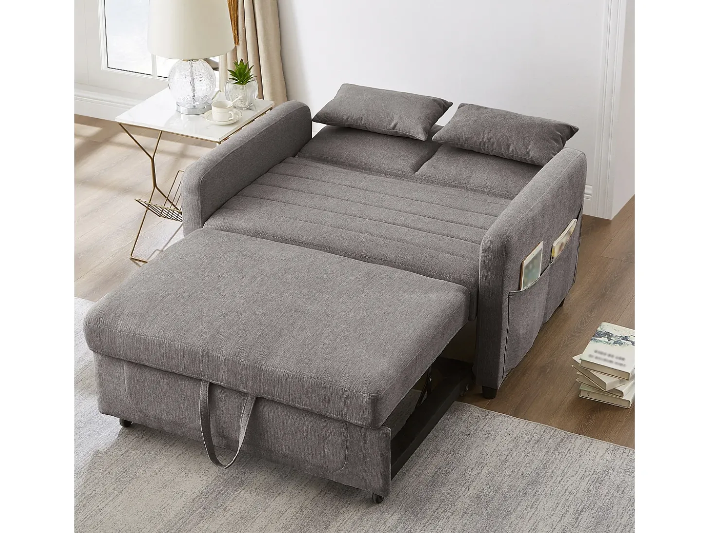 Sofá-cama dobrável extensível de 2 lugares - 95 x 120 cm - encosto ajustável - tecido de algodão e linho - cinza