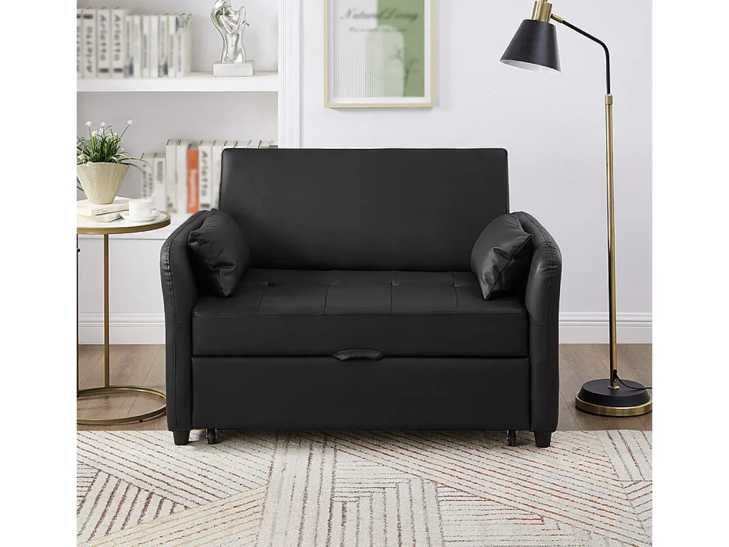 Sofá-cama duplo rebatível, encosto regulável, material PU resistente à água, preto