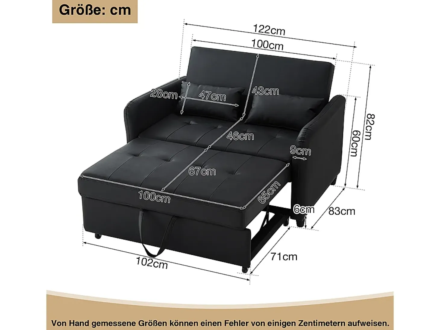 Sofá-cama duplo rebatível, encosto regulável, material PU resistente à água, preto