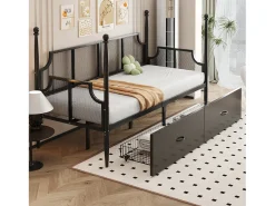 Sofá-cama em ferro forjado 90x200 cm - com 2 gavetas - estrutura metálica - com compartimento de armazenamento - preto