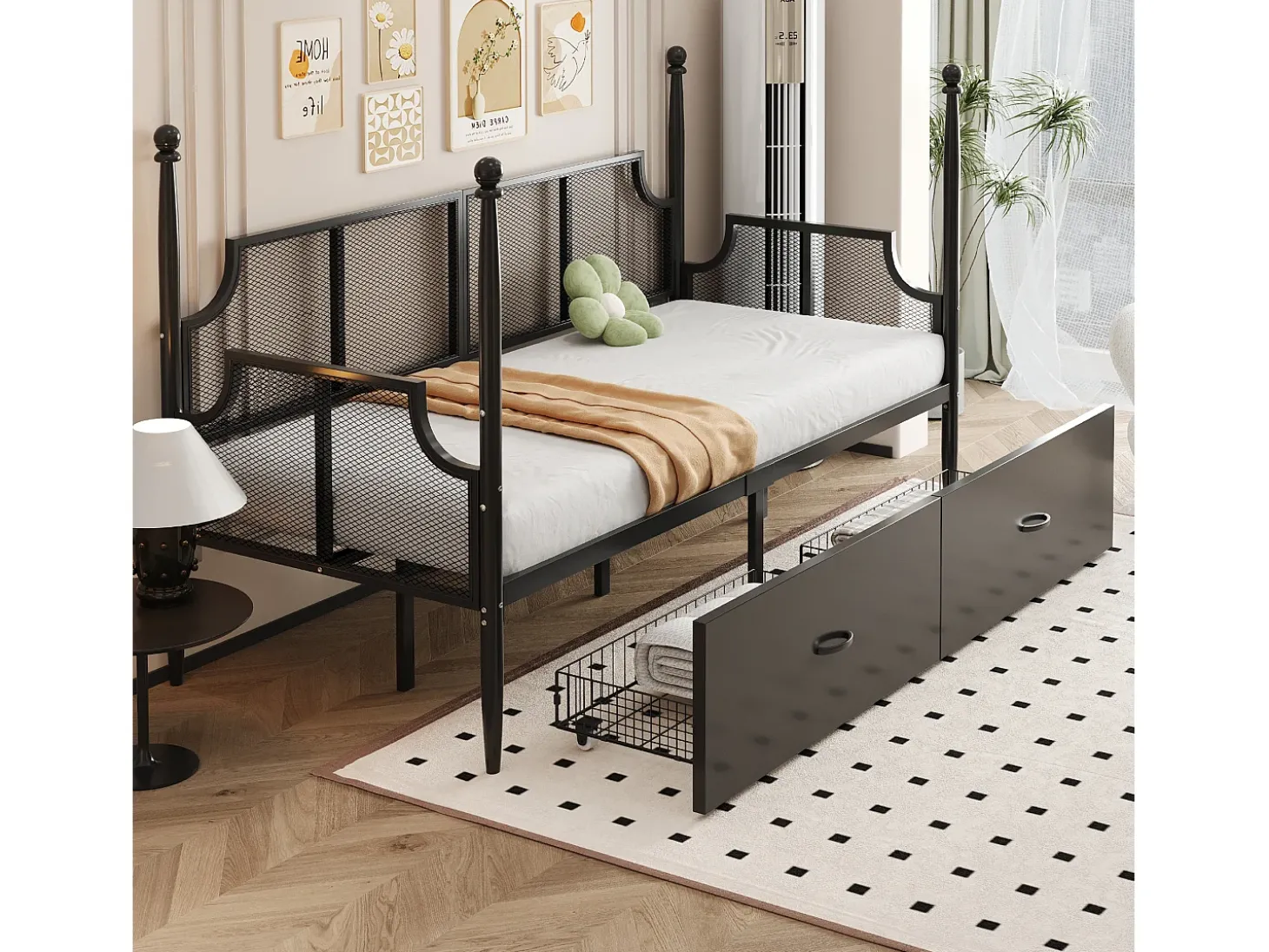 Sofá-cama em ferro forjado 90x200 cm - com 2 gavetas - estrutura metálica - com compartimento de armazenamento - preto