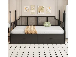 Sofá-cama em ferro forjado 90x200 cm - com 2 gavetas - estrutura metálica - com compartimento de armazenamento - preto