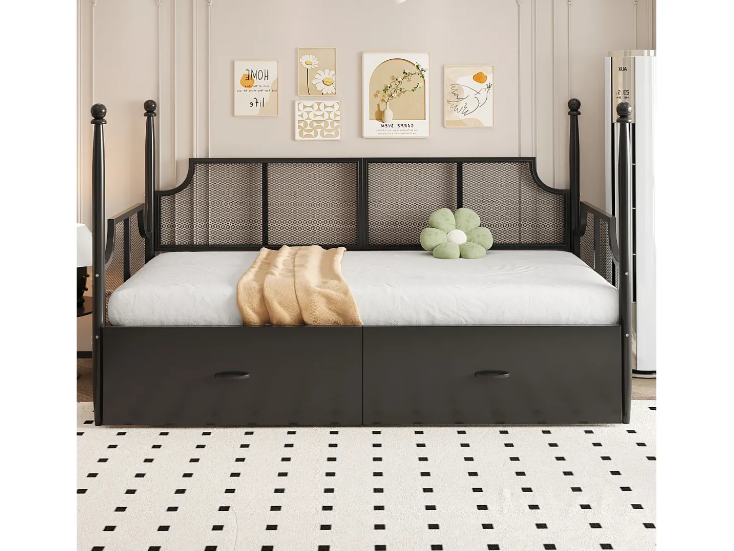 Sofá-cama em ferro forjado 90x200 cm - com 2 gavetas - estrutura metálica - com compartimento de armazenamento - preto