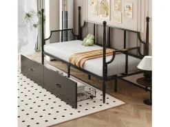Sofá-cama em ferro forjado 90x200 cm - com 2 gavetas - estrutura metálica - com compartimento de armazenamento - preto
