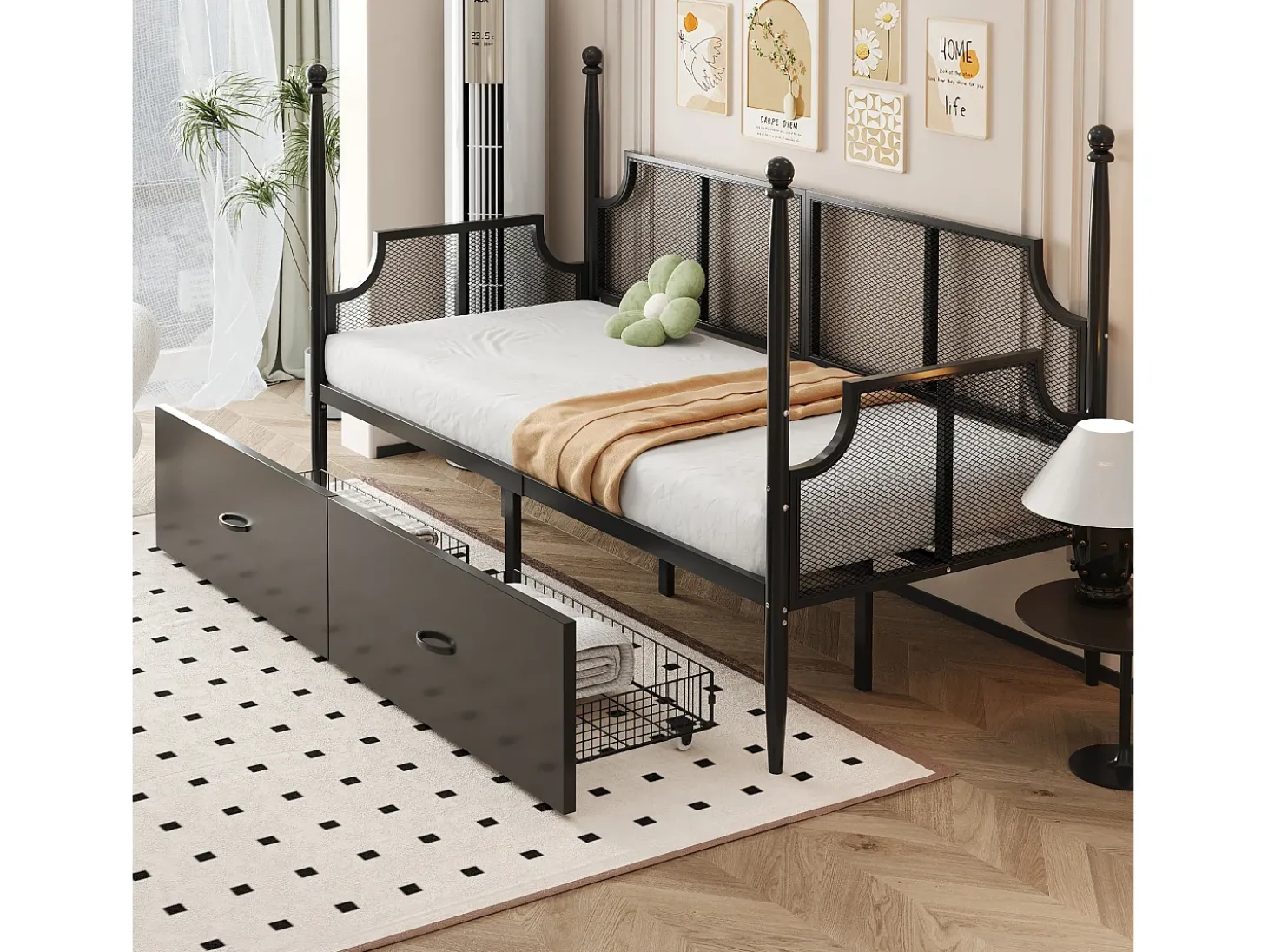 Sofá-cama em ferro forjado 90x200 cm - com 2 gavetas - estrutura metálica - com compartimento de armazenamento - preto