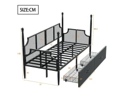 Sofá-cama em ferro forjado 90x200 cm - com 2 gavetas - estrutura metálica - com compartimento de armazenamento - preto