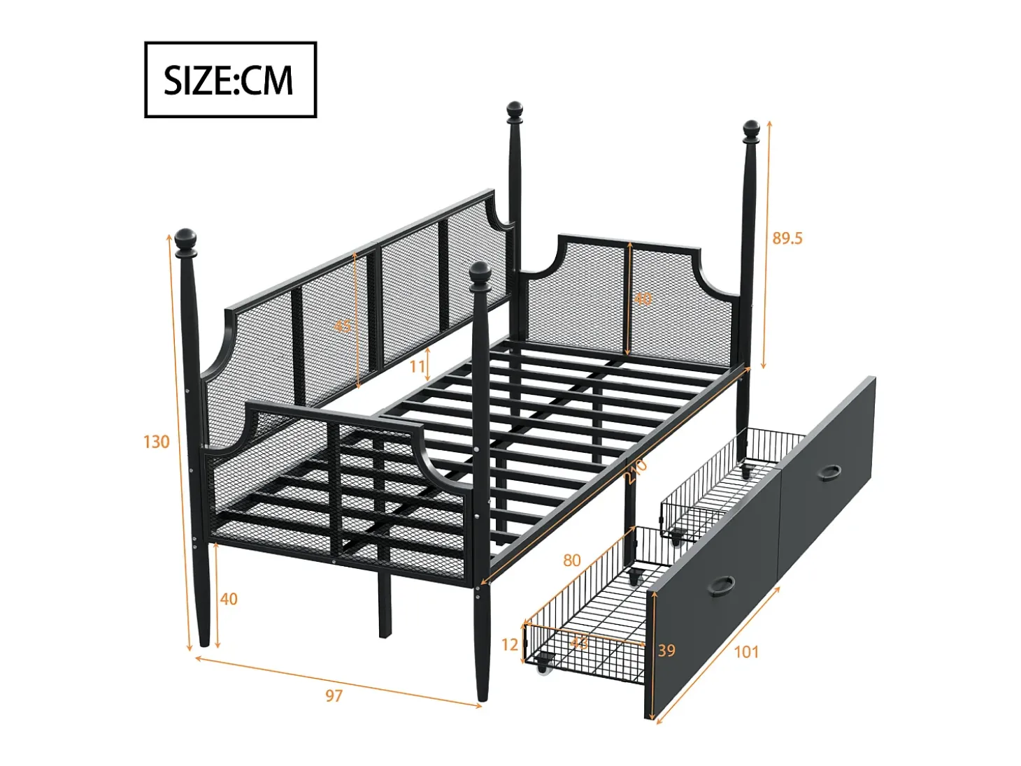 Sofá-cama em ferro forjado 90x200 cm - com 2 gavetas - estrutura metálica - com compartimento de armazenamento - preto