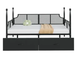 Sofá-cama em ferro forjado 90x200 cm - com 2 gavetas - estrutura metálica - com compartimento de armazenamento - preto