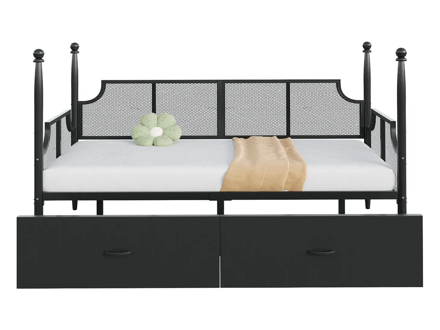 Sofá-cama em ferro forjado 90x200 cm - com 2 gavetas - estrutura metálica - com compartimento de armazenamento - preto