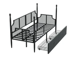Sofá-cama em ferro forjado 90x200 cm - com 2 gavetas - estrutura metálica - com compartimento de armazenamento - preto