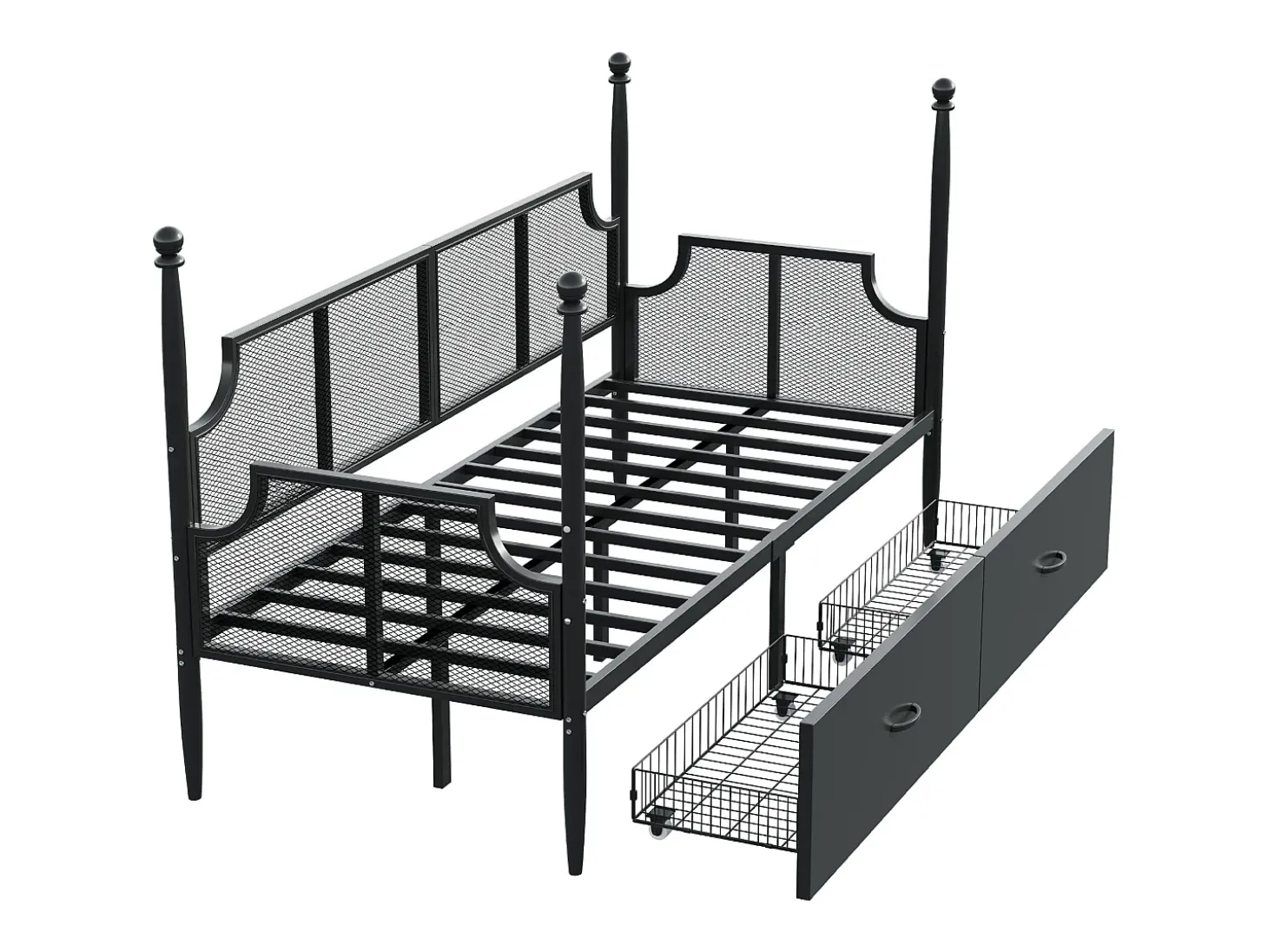 Sofá-cama em ferro forjado 90x200 cm - com 2 gavetas - estrutura metálica - com compartimento de armazenamento - preto