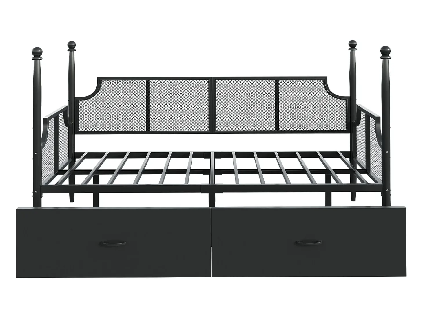 Sofá-cama em ferro forjado 90x200 cm - com 2 gavetas - estrutura metálica - com compartimento de armazenamento - preto