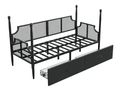 Sofá-cama em ferro forjado 90x200 cm - com 2 gavetas - estrutura metálica - com compartimento de armazenamento - preto
