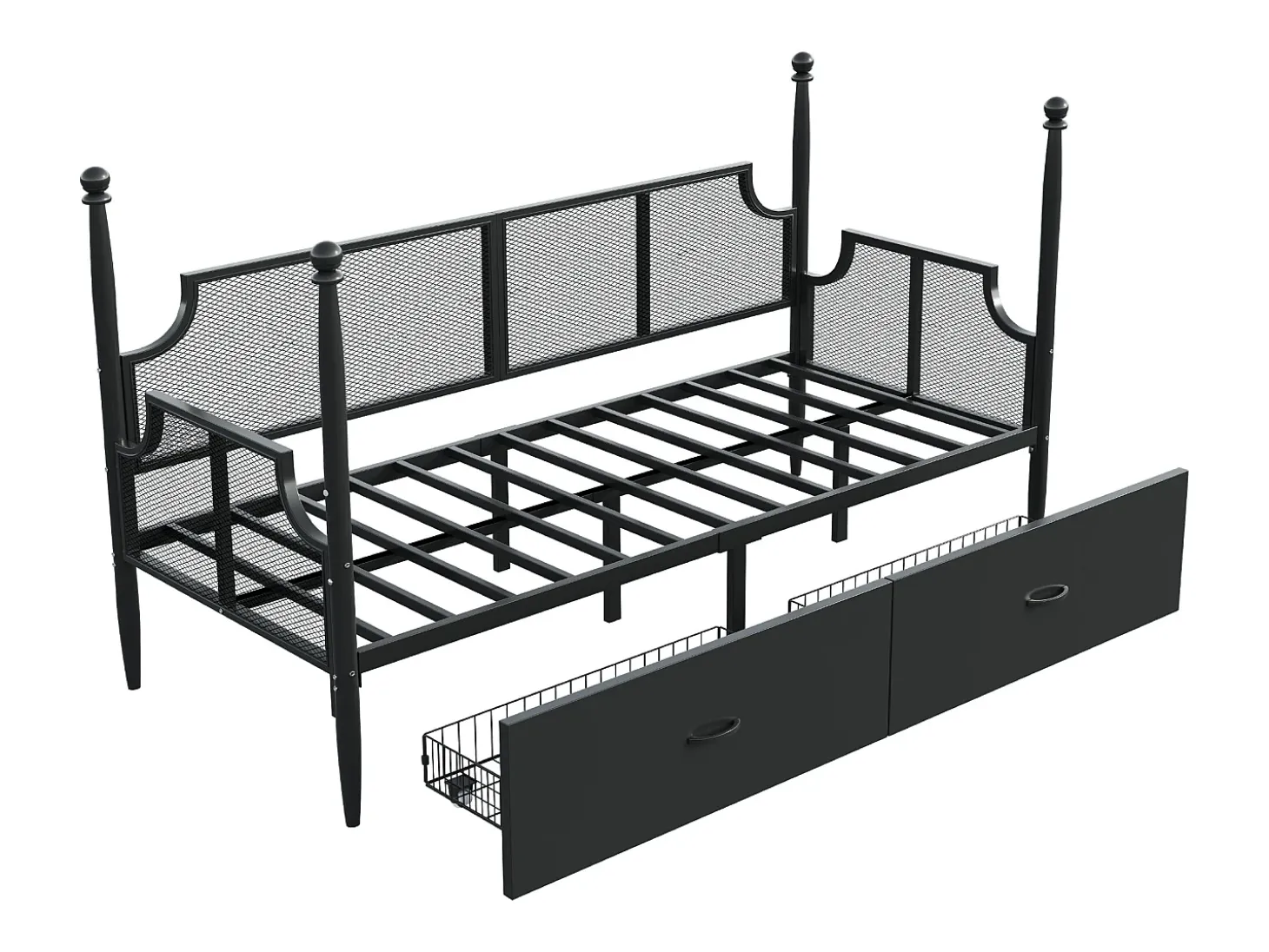 Sofá-cama em ferro forjado 90x200 cm - com 2 gavetas - estrutura metálica - com compartimento de armazenamento - preto
