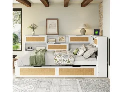 Sofá-cama em madeira maciça 140x200cm - com 2 gavetas - vários compartimentos de arrumação - com porta de carregamento - branco (sem colchão)