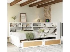 Sofá-cama em madeira maciça 140x200cm - com 2 gavetas - vários compartimentos de arrumação - com porta de carregamento - branco (sem colchão)