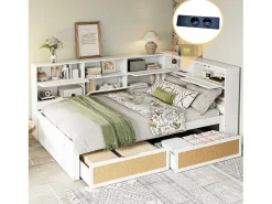 Sofá-cama em madeira maciça 140x200cm - com 2 gavetas - vários compartimentos de arrumação - com porta de carregamento - branco (sem colchão)